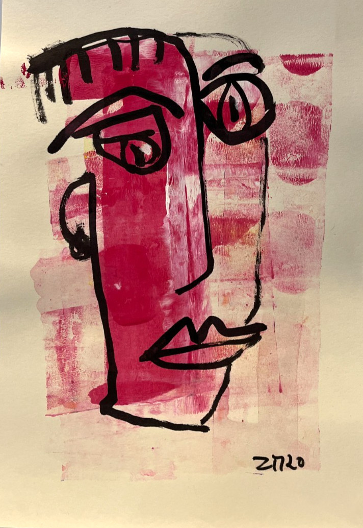 Woman portrait pink original drawings signed ZM 30x21cm Gouache Ink Paper