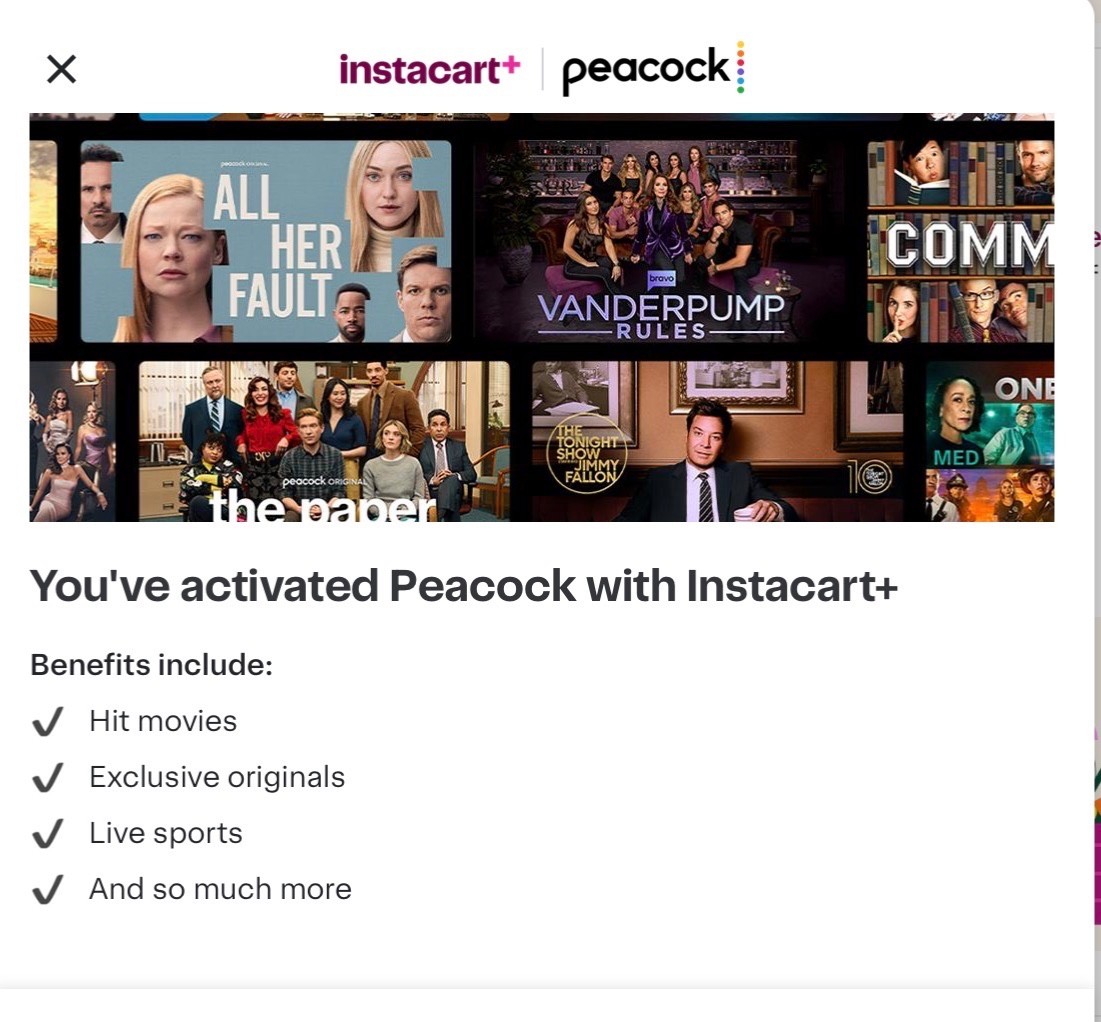 INSTACART+ PEACOCK ACCOUNT 2 MONTHS