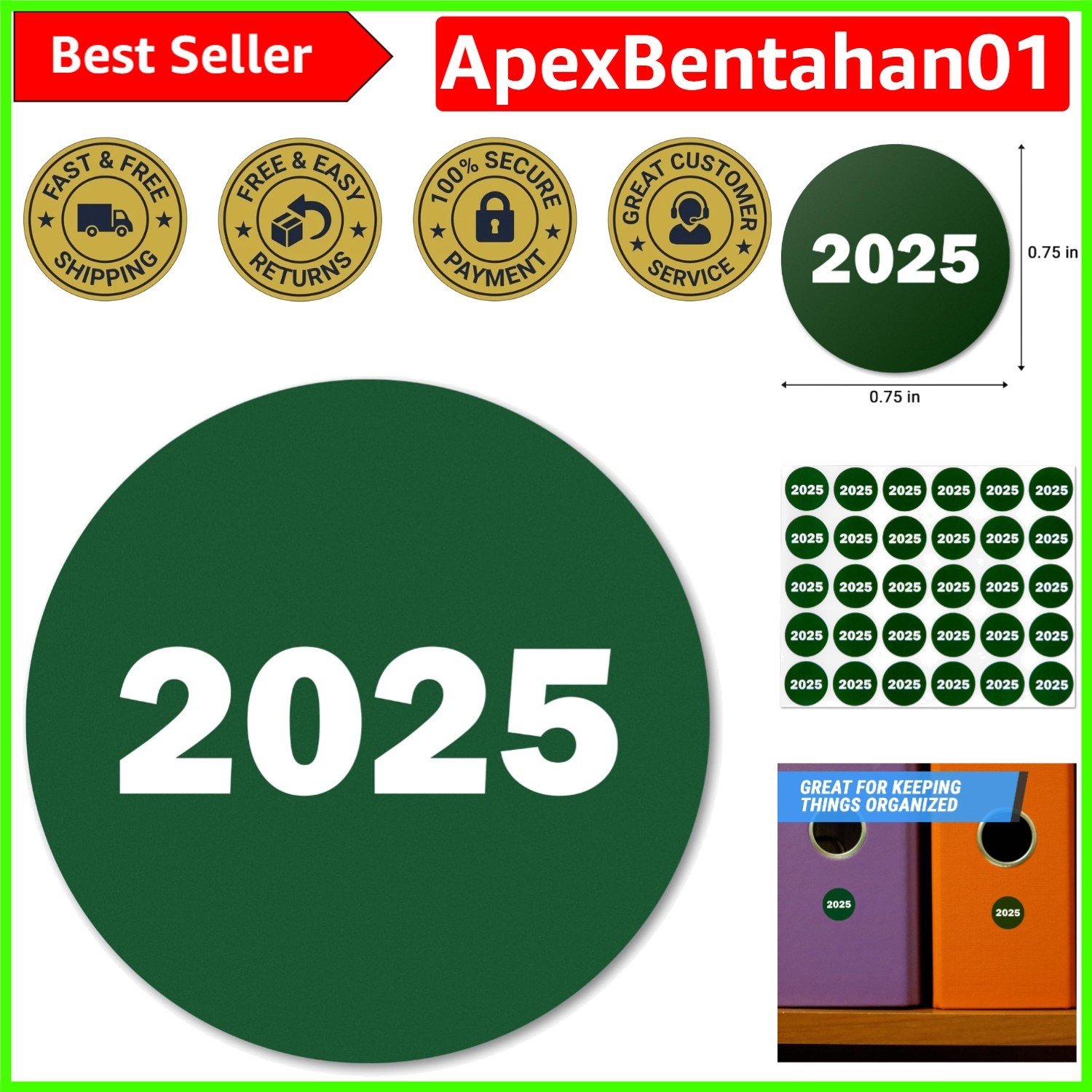 2025 Round Labels - 300 Pieces Green Color-Coded Stickers for Inventory & More