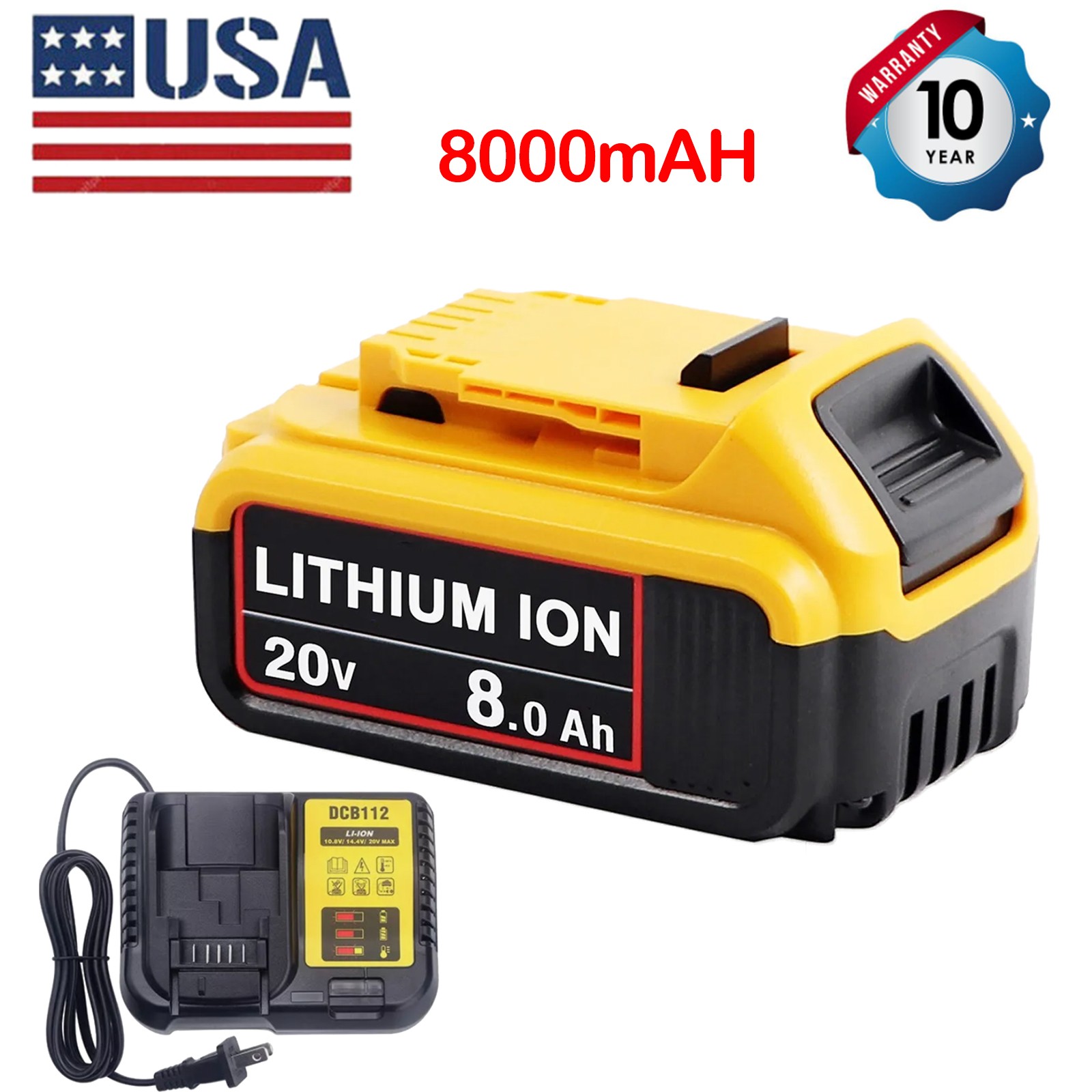 For DeWalt 20V Max XR 8.0AH Lithium Ion Battery DCB207-2 DCB205 and Charger
