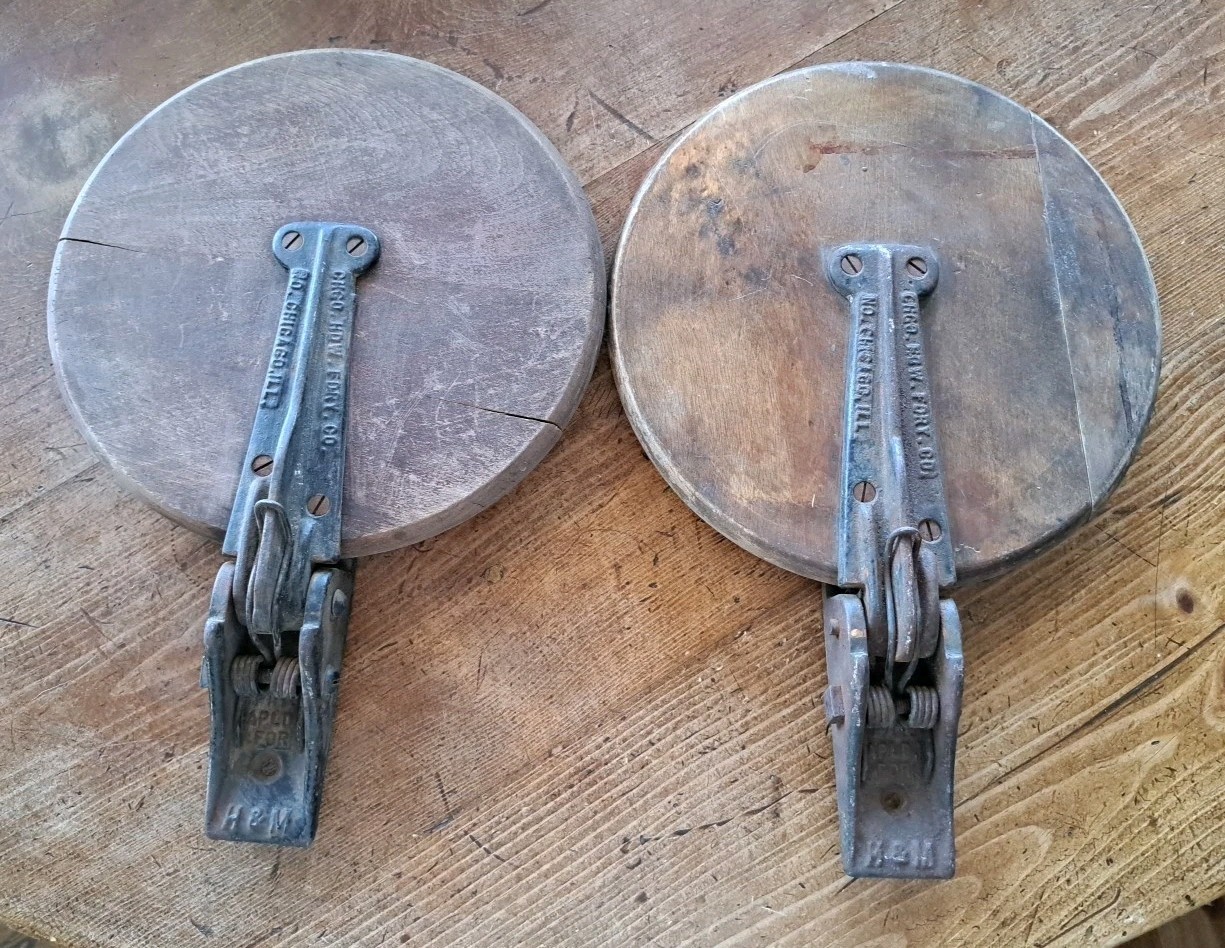 2 Vintage 10" Wall-Mount/Flip-Down Stool Cast Iron & Wood Chicago HDW FDRY Co.