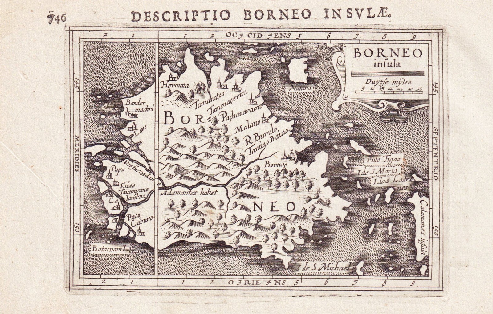 Borneo Island Indonesia Map Card Carte Ngraving Bertius Hondius Copperplate