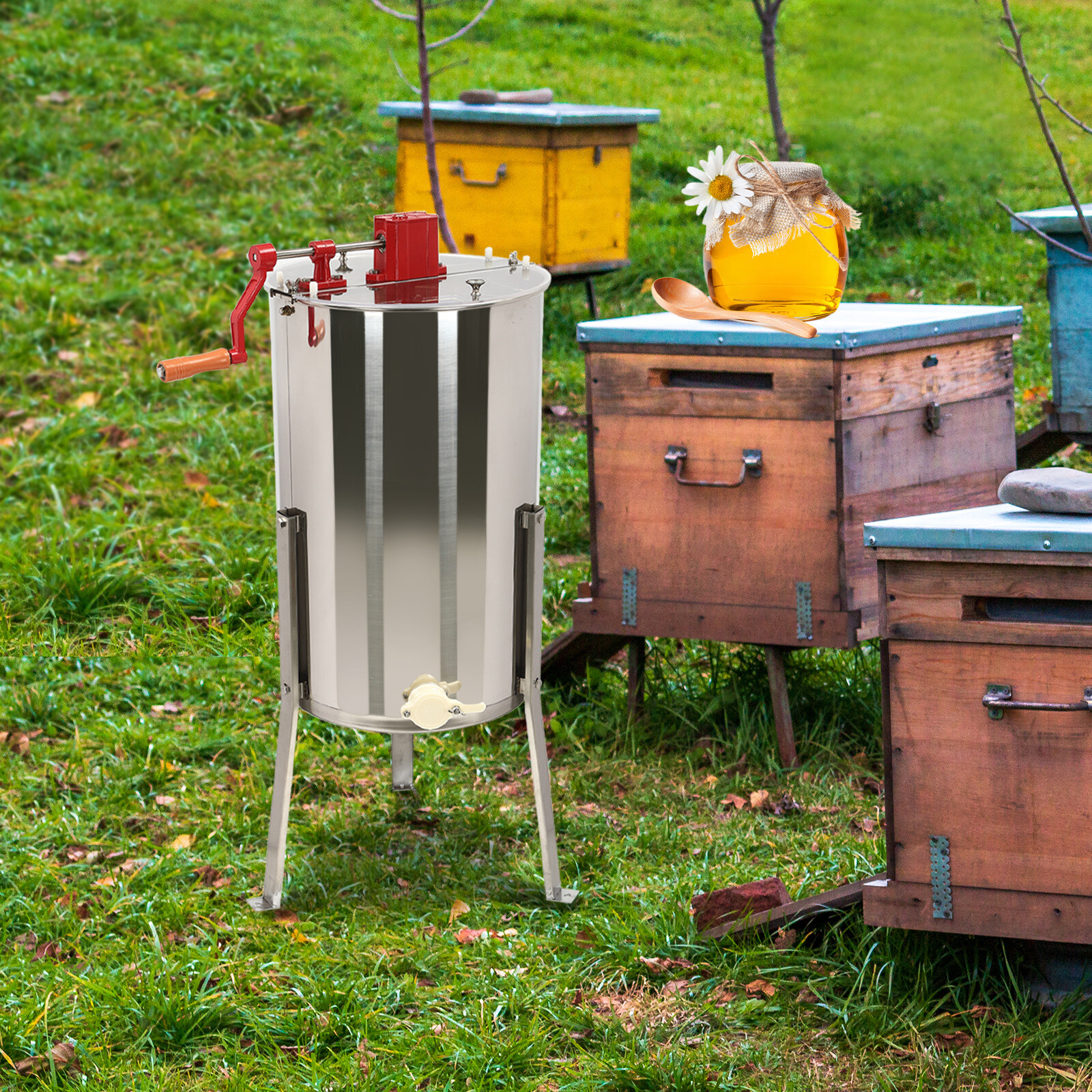 Manual 3 Frame Honey Extractor, Stainless Steel Manual Beekeeping Extraction