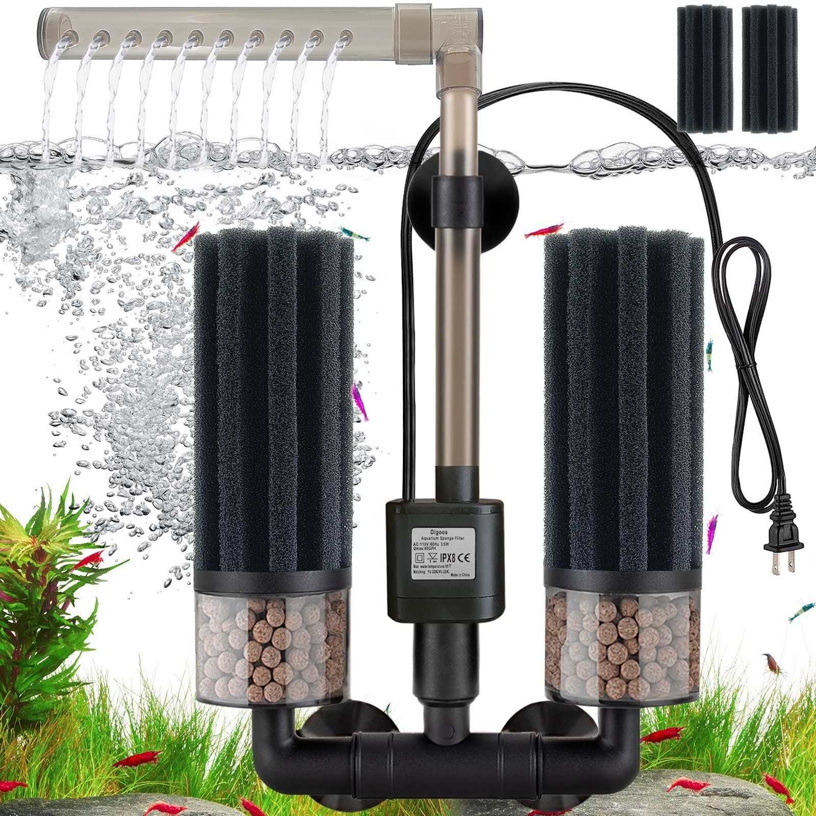 Electric Sponge Filter for Aquarium, Ultra Quiet Submersible Power Filter wit...