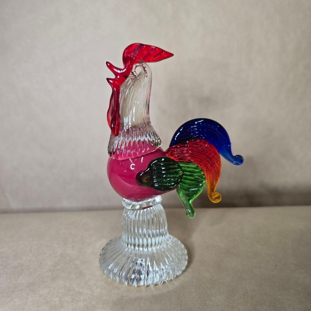 Hand Blown Art Glass Rooster Figurine Multicolor Red Murano Style 6" Tall