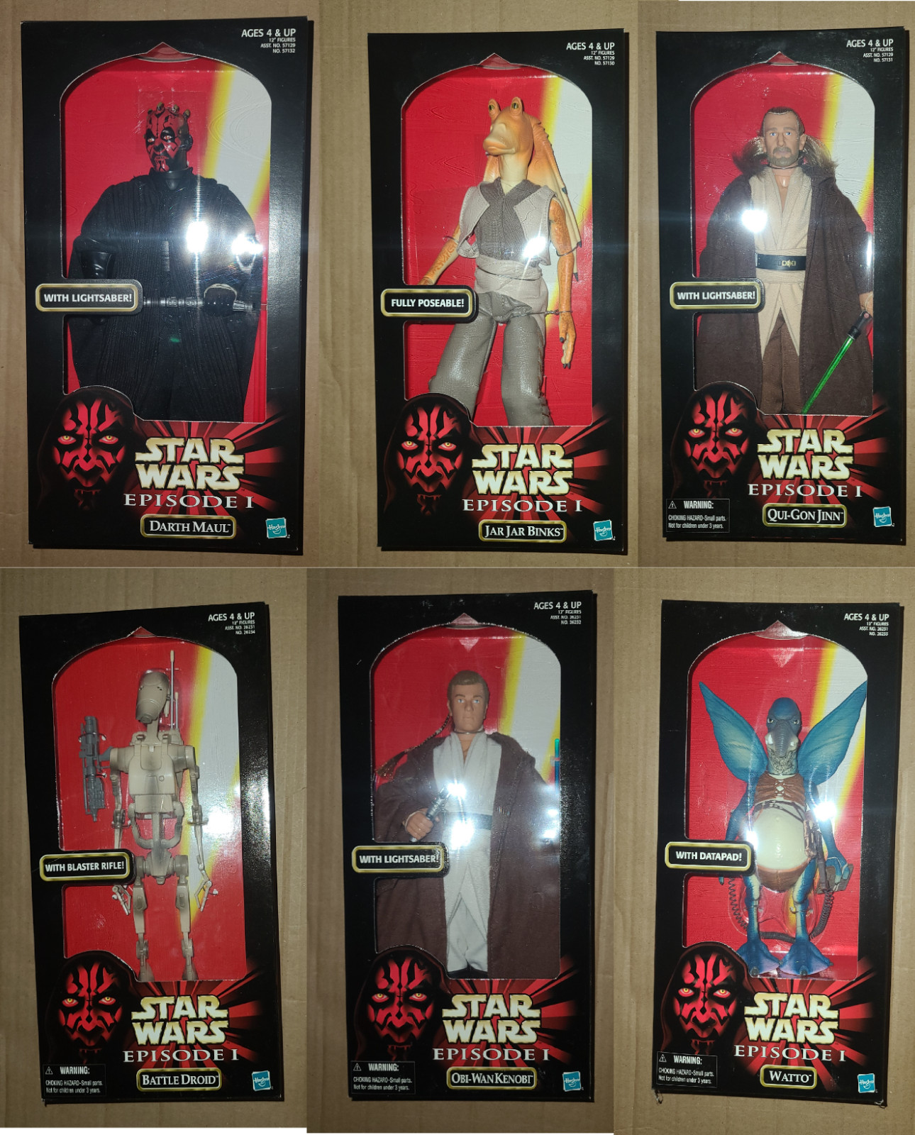 4x BONUS!  Vintage Star Wars 12" Figure Lot; Maul, Jinn, Kenobi, Watto, Droid