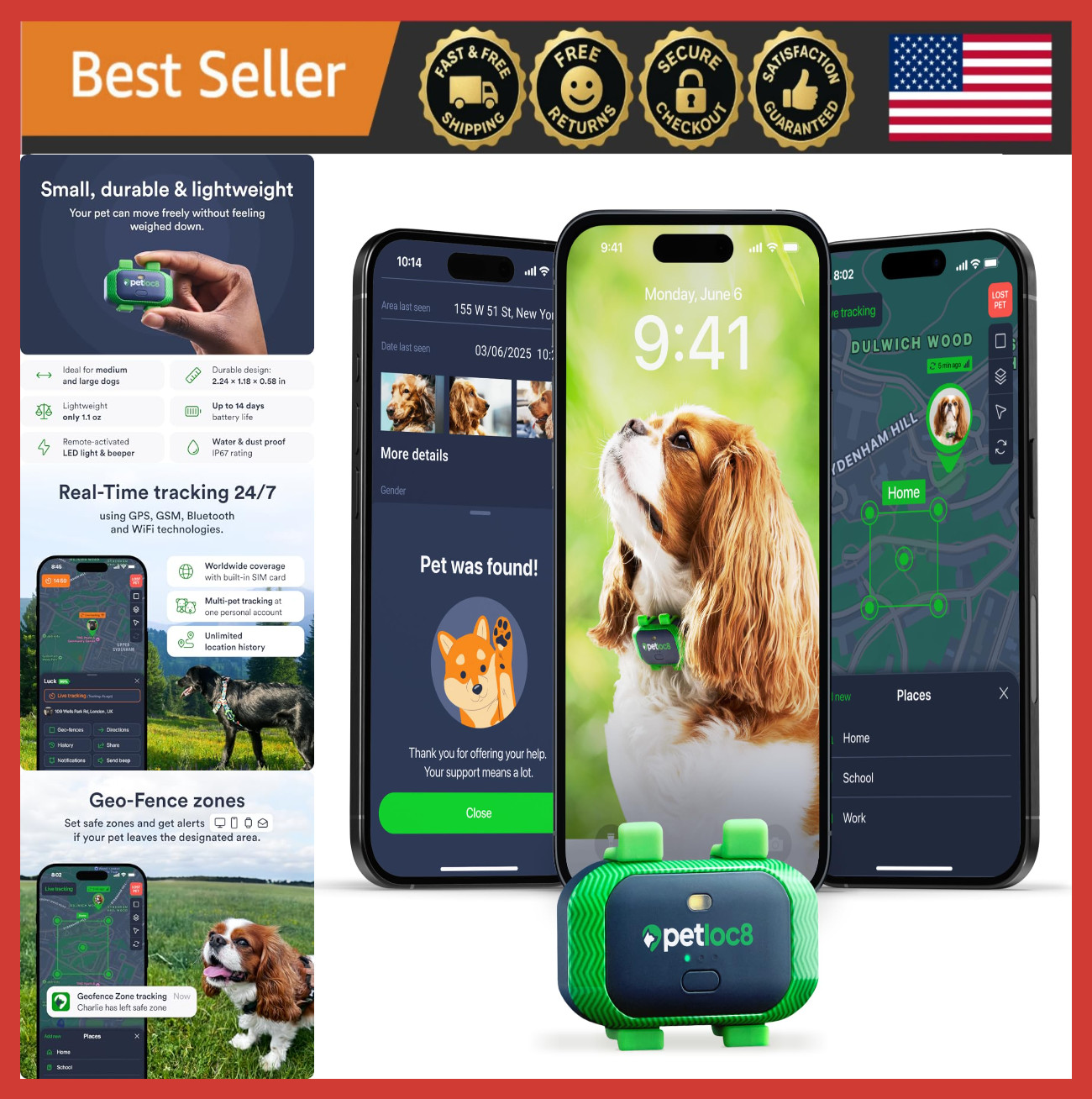 Dog GPS Tracker Real-Time Location, Waterproof, Geo-Fence, Long Battery, 4G SIM