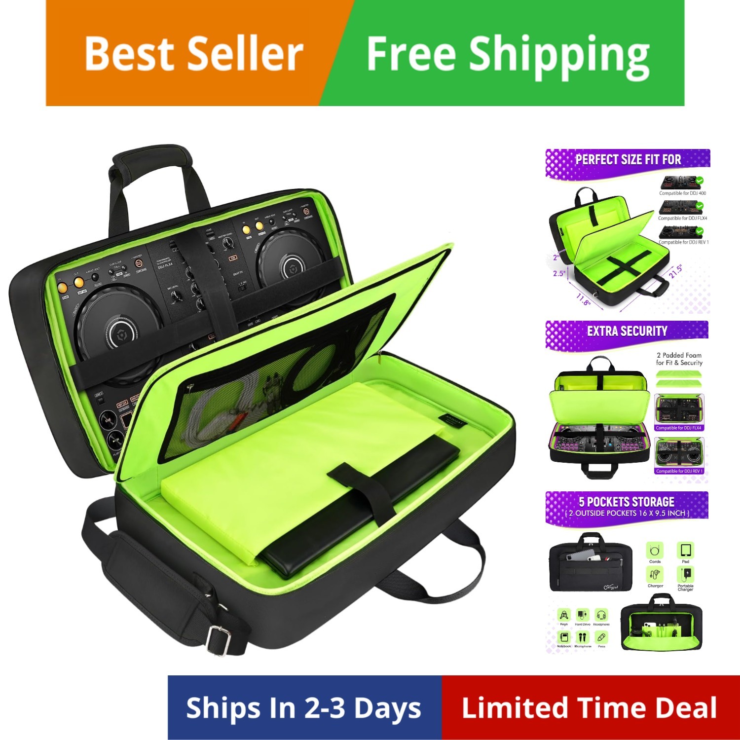 DJ Controller Case for DDJ-/ DJ 400/ DDJ-, Padded DJ Controller Bag with 5 Po...