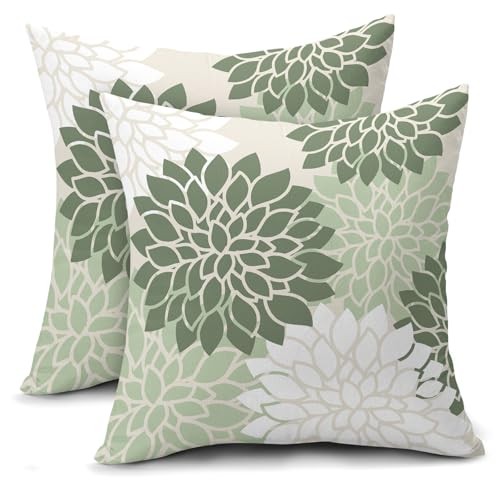 Sage Green White Floral Pillow Covers 18" x 18" (Pack of 2) Dahlia Flower
