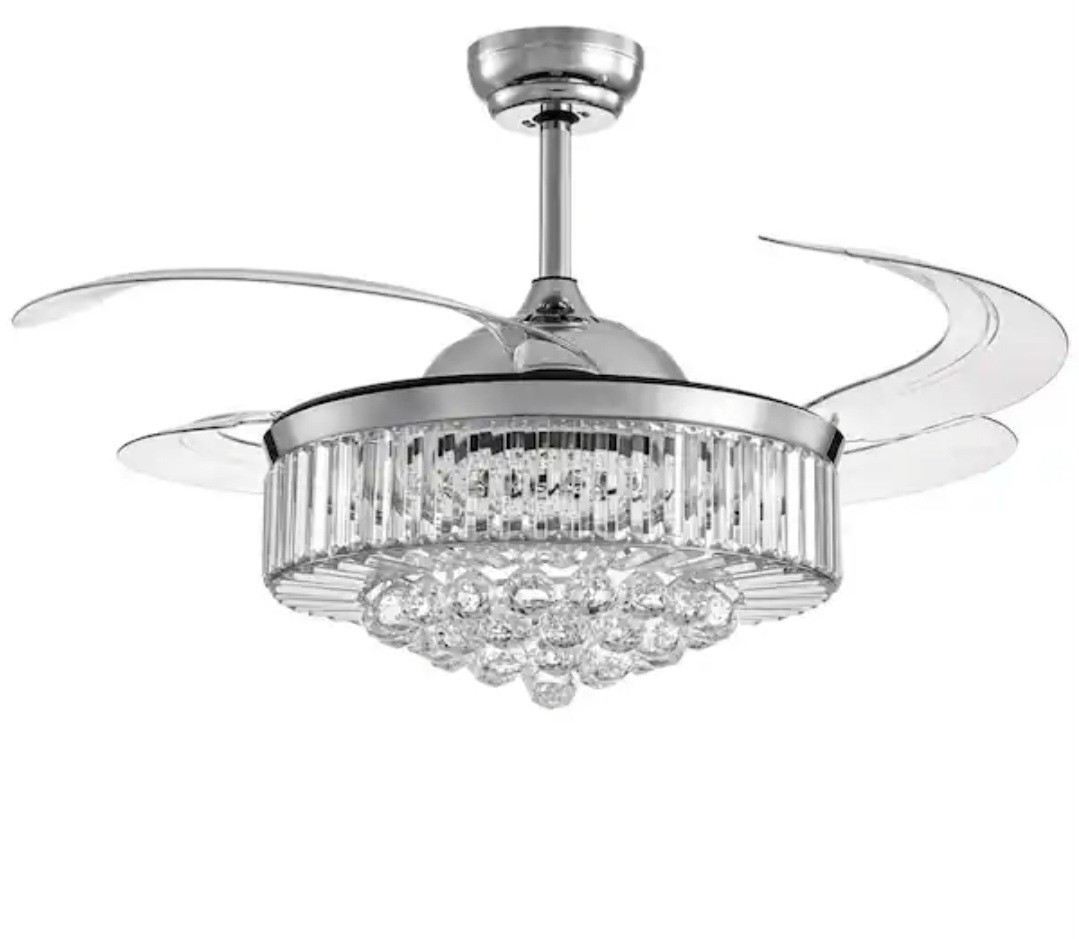 48 in. Indoor Chrome Color Smart Retractable Crystal Ceiling Fan with Adjustable