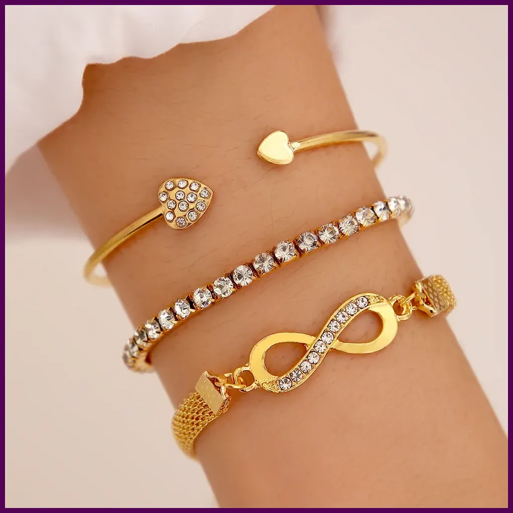 Vintage Infinity Heart Crystal Rhinestone Bracelet Set for Women Female Gold