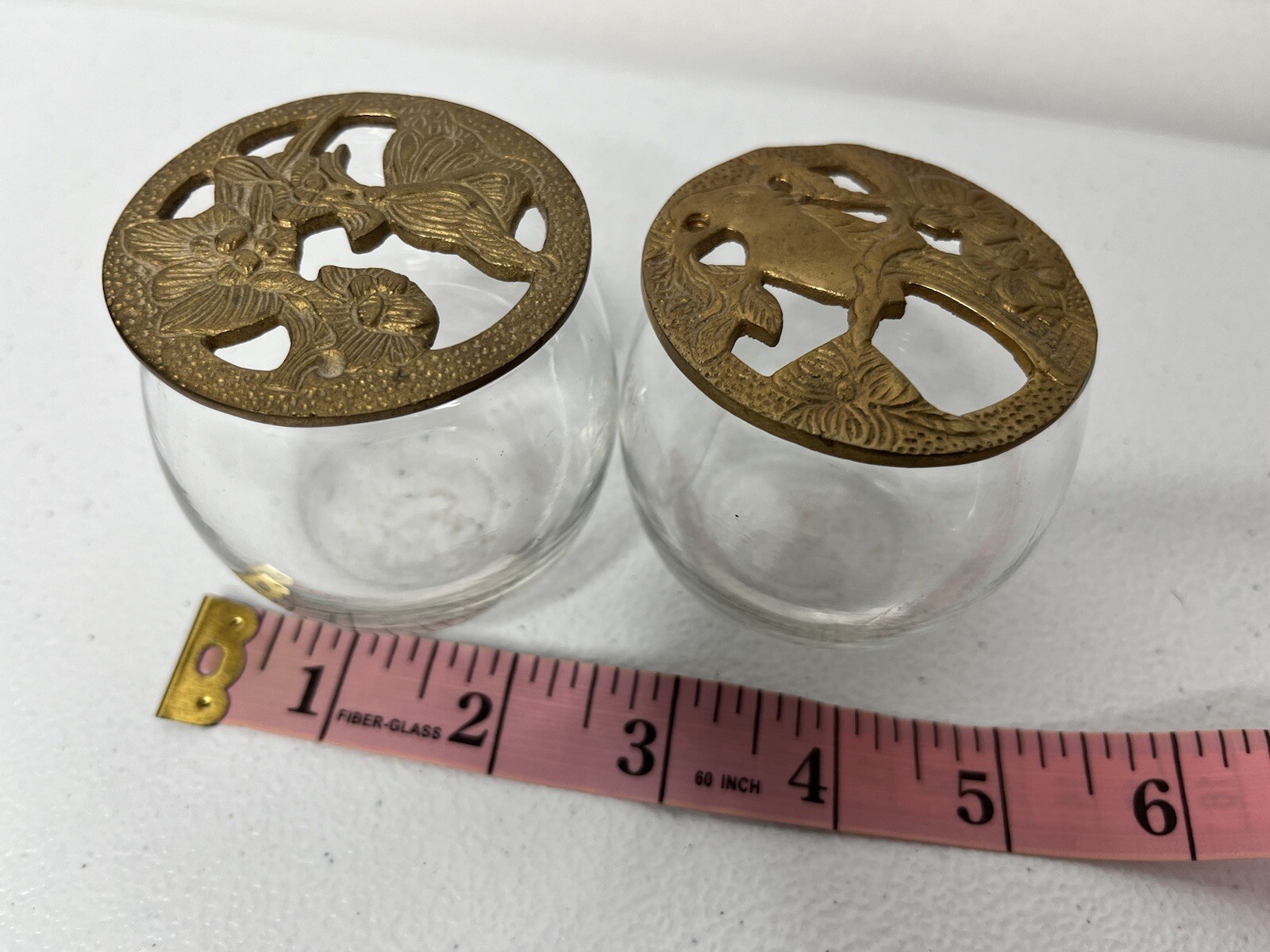 Vintage Small Potpourri Glass Jar with Cast Brass Lid Floral Bird Lot Of 2