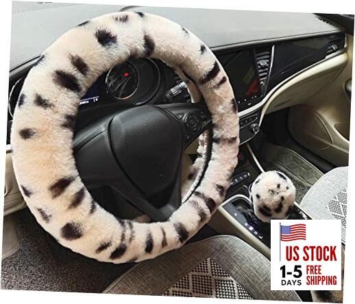 Winter Warm Fluffy Furry Fuzzy Car Steering Wheel Cover,Universal beige&Leopard