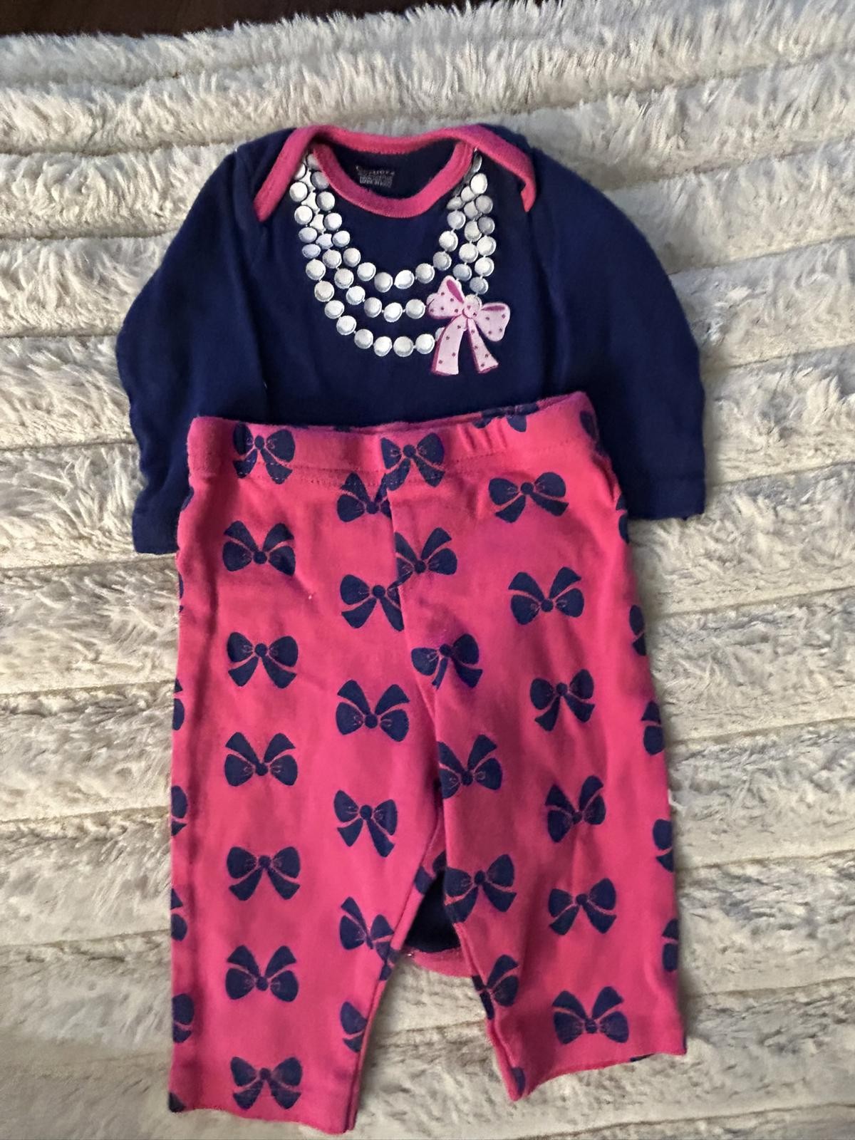 Baby Girl Navy and Pink Bow Print Outfit Set