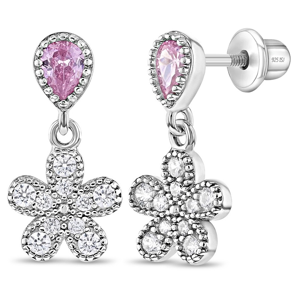 Groovy CZ Flower Dangle Children's / Girls Earrings Screw Back - Sterling Silver