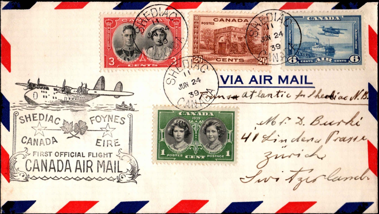 1939 First Transatlantic Flight Shediac Canada to Foynes Ireland Cover