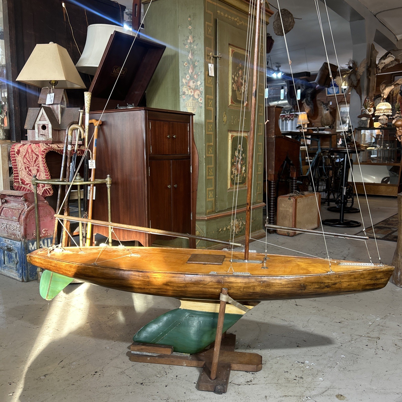 Early 1900s Pond Yacht International Class Large Handmade With Sail Boat Stand