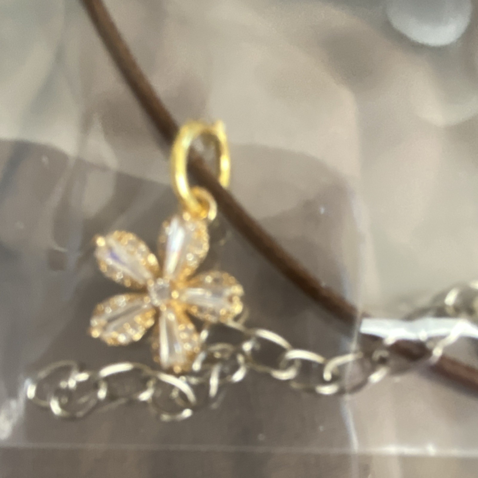 Handmade Brown Cord Charm Necklace with Gold Flower Pendant, Clear Stones