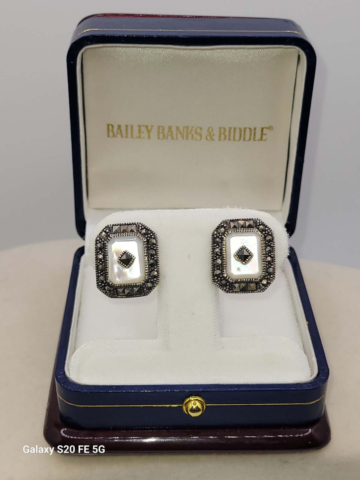 Art Deco Sterling Mother Of Pearl Marcasite Stud Earrings 925 Silver .80" 