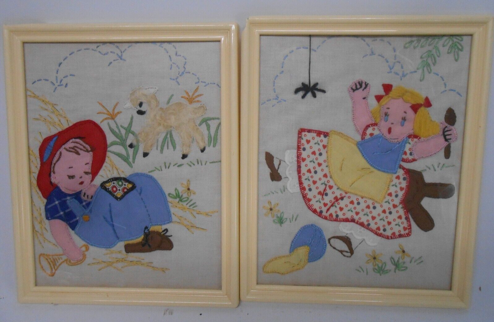 Vintage 1950's Needlepoint Glass Framed Little Miss Muffet & Little Boy Blue
