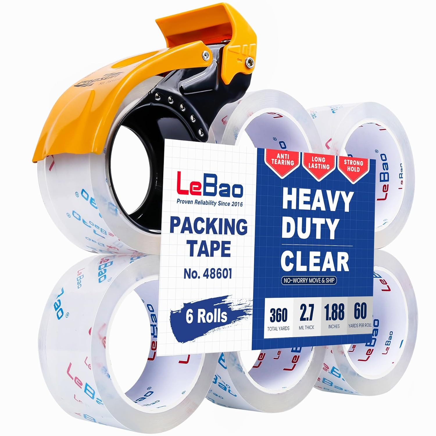 Heavy Duty Packing Tape with Metal Dispenser, Strong HD Clear Packaging Tape, 6 