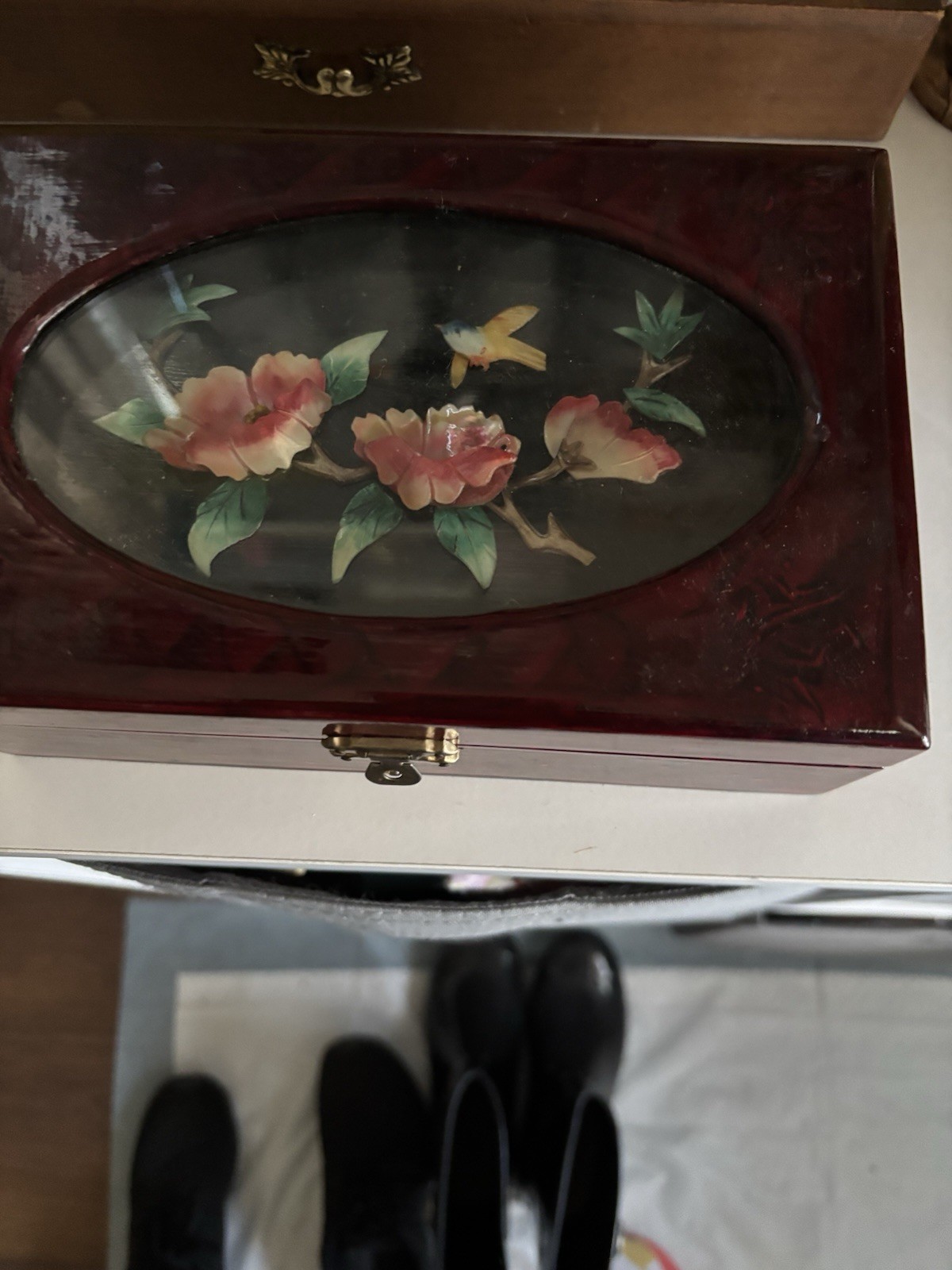 Red Floral Wood Jewelry Box with Fabric Lining, Fits Rings, Necklaces, Bracelets