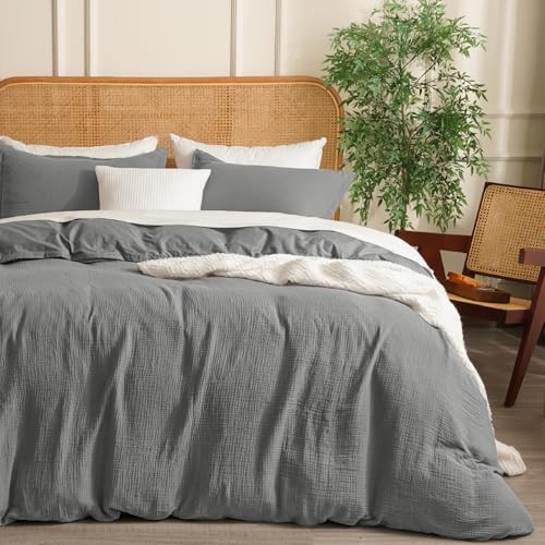  100% Cotton Muslin Duvet Cover Set King Size,3 Pcs King Size（104"×90") Grey