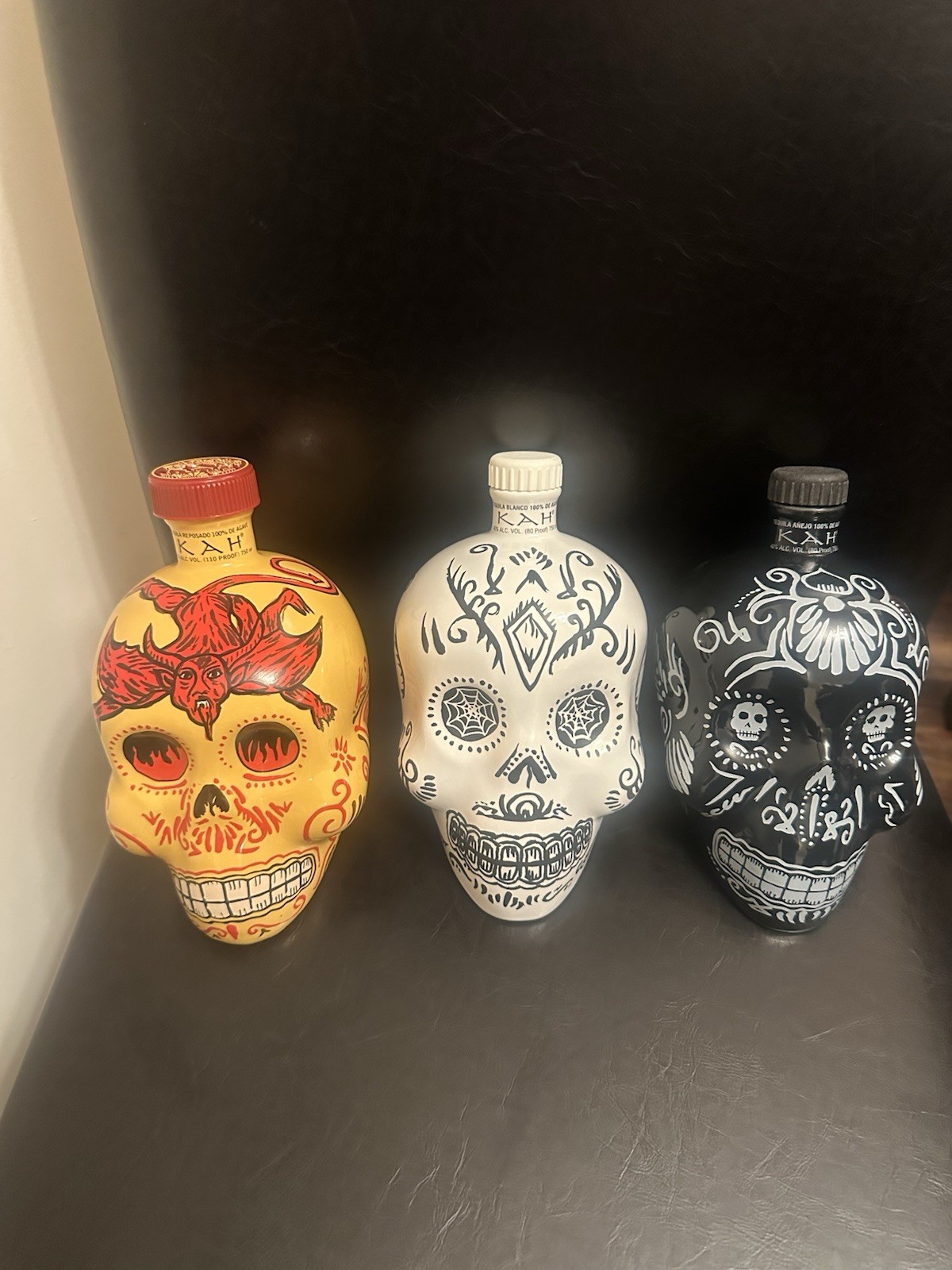 💀 KAH Tequila Skull Bottles - Hand-Painted Set of 3 EMPTY Bottles 💀