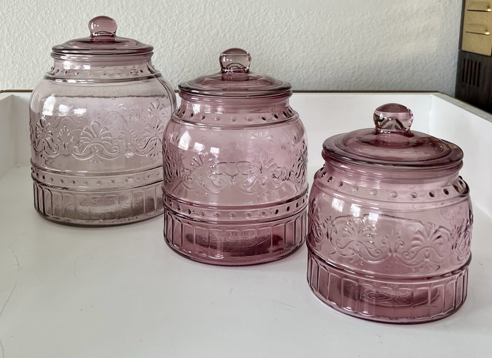Vintage The Pioneer Woman Canister Jar Cassie Rose Glass Pink Embossed Set Of 3