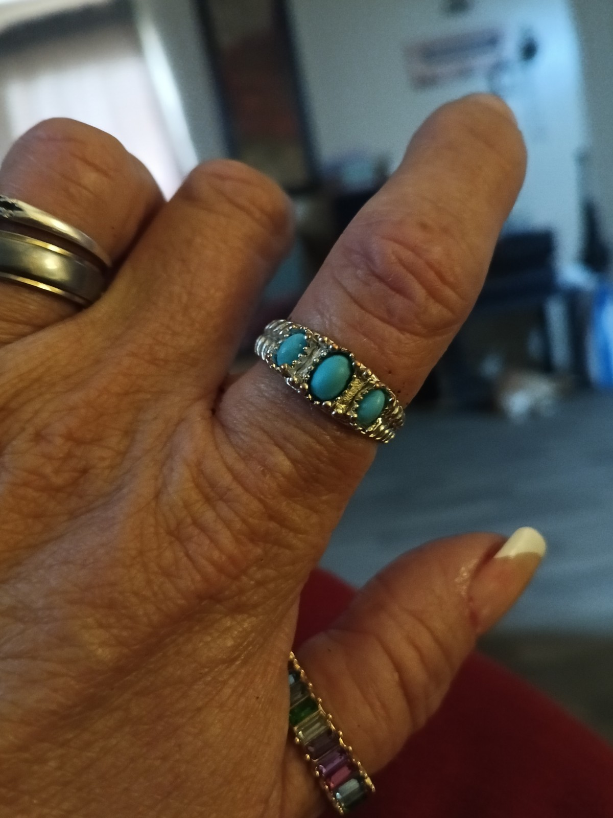 Turquoise Native American Style Silver Band Ring Oval Bezel Setting
