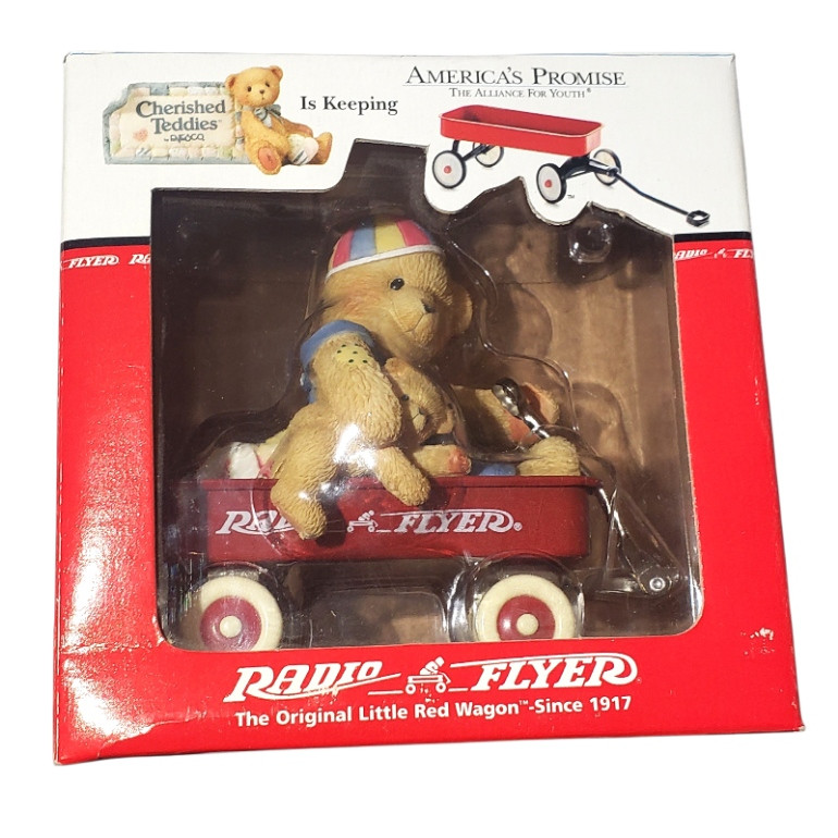 Cherished Teddies Spanky Bear in Radio Flyer Red Wagon 1999 Enesco 644382 NIB