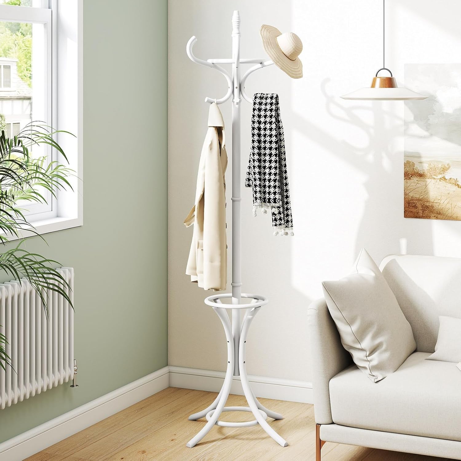 Wood Standing Hat Coat Rack with Umbrella Stand-Natural - Color:Grey