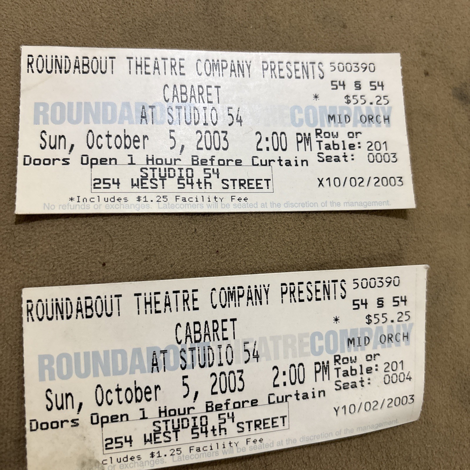 Cabaret At Studio 54 Tickets Stubs October 5, 2003