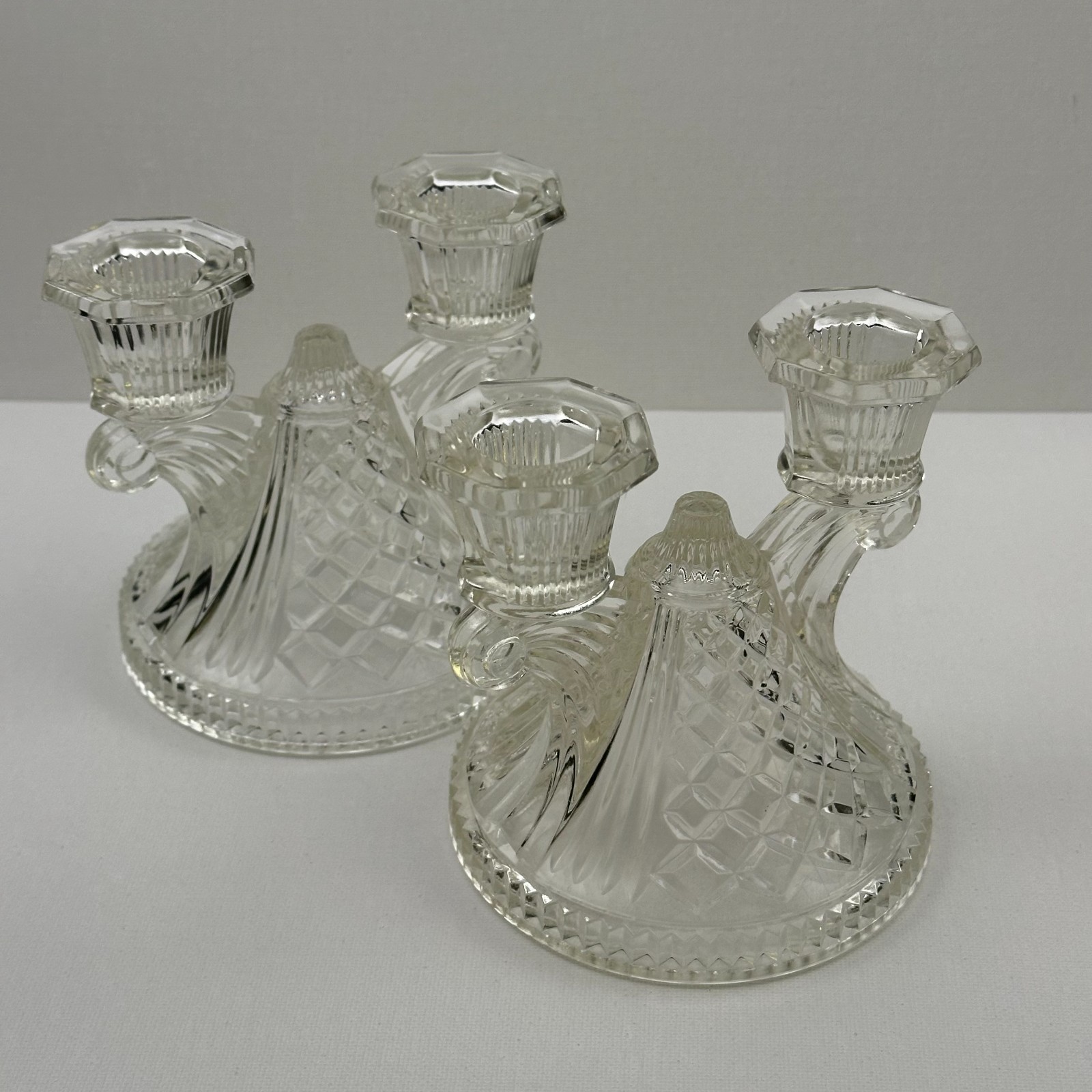 Federal Glass Wigwam Clear Double Light Candlestick Vintage 1930s Pair