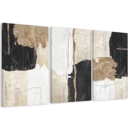 AVECCO 3 Pieces Large Gold and Black Abstract Wall Art, 36"L x 24"W Geometric