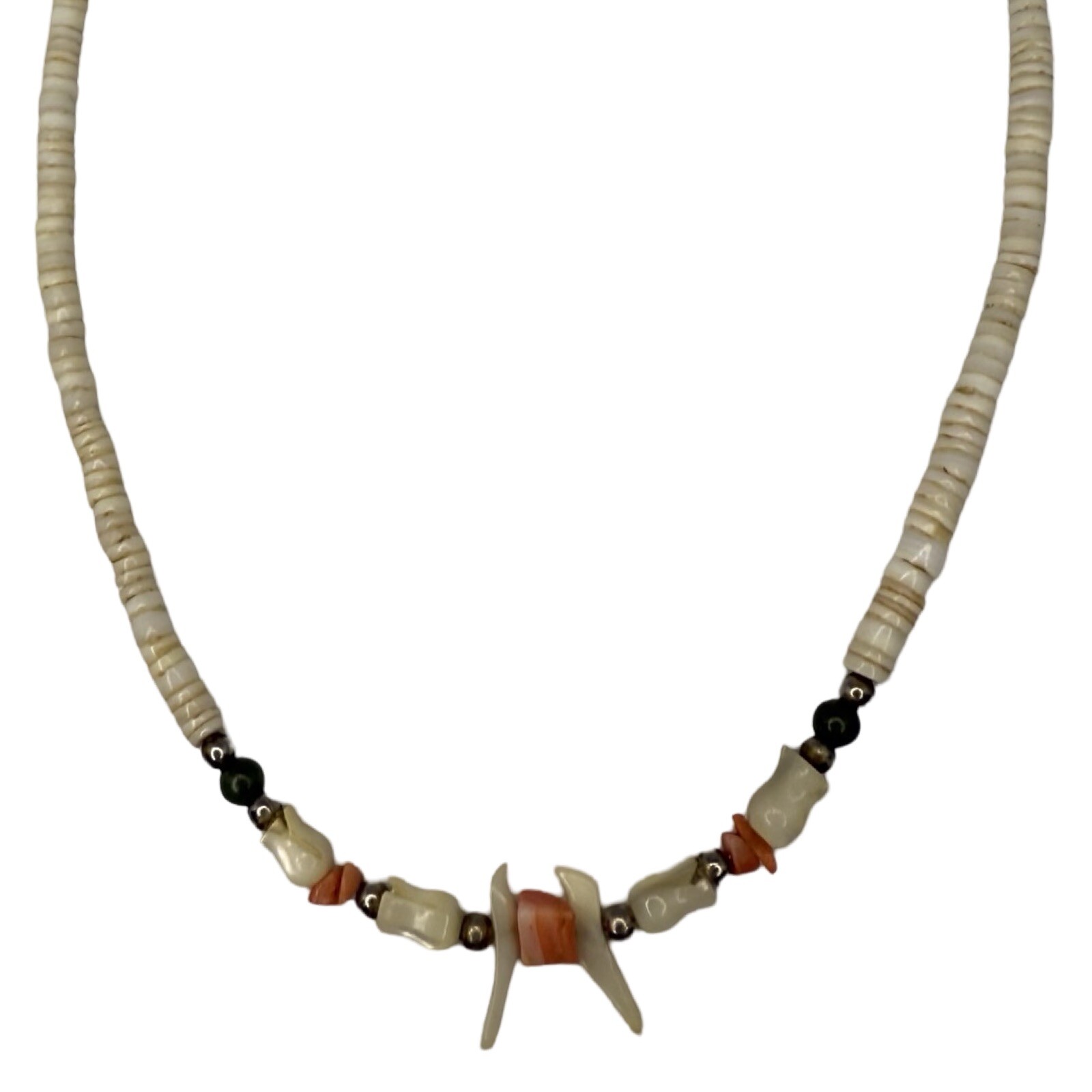 Native American Carved Mother Of Pearl Birds & Tulip Fetish Necklace 17" Puka