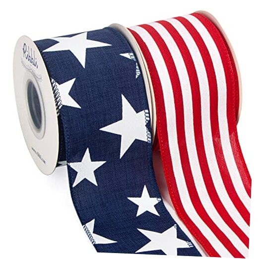  Patriotic Ribbon Wired,2 Rolls Navy Star and Red Stripe Burlap 2.5 inch