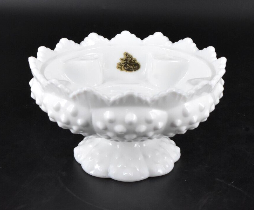 VTG Fenton Hobnail Milk Glass 6-Candle Holder #3872 Scalloped Edge Label 6.5"