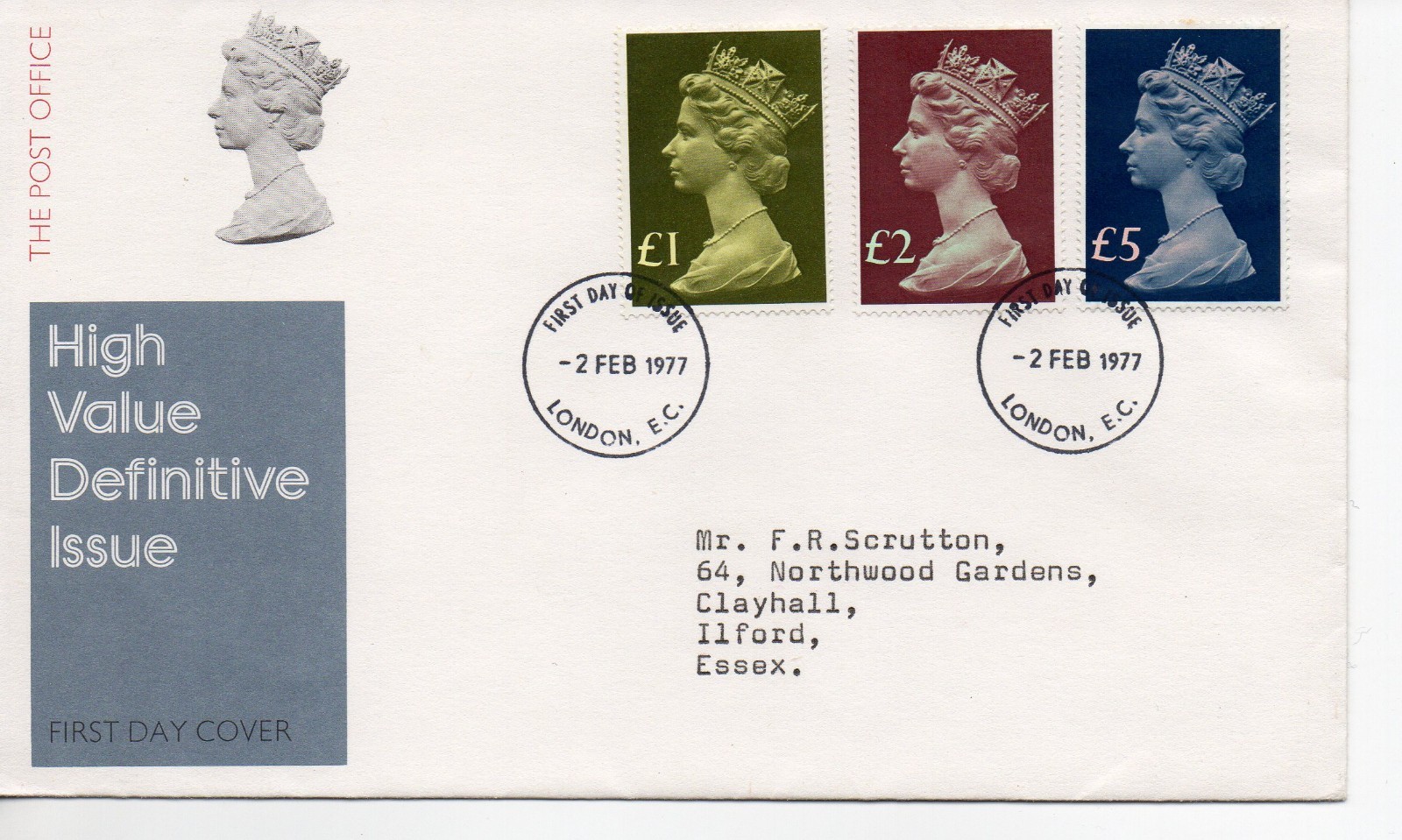 GB - First Day Cover (C 1 ) 1977 Machin - 3 values £1. to £5. - pmk. London EC