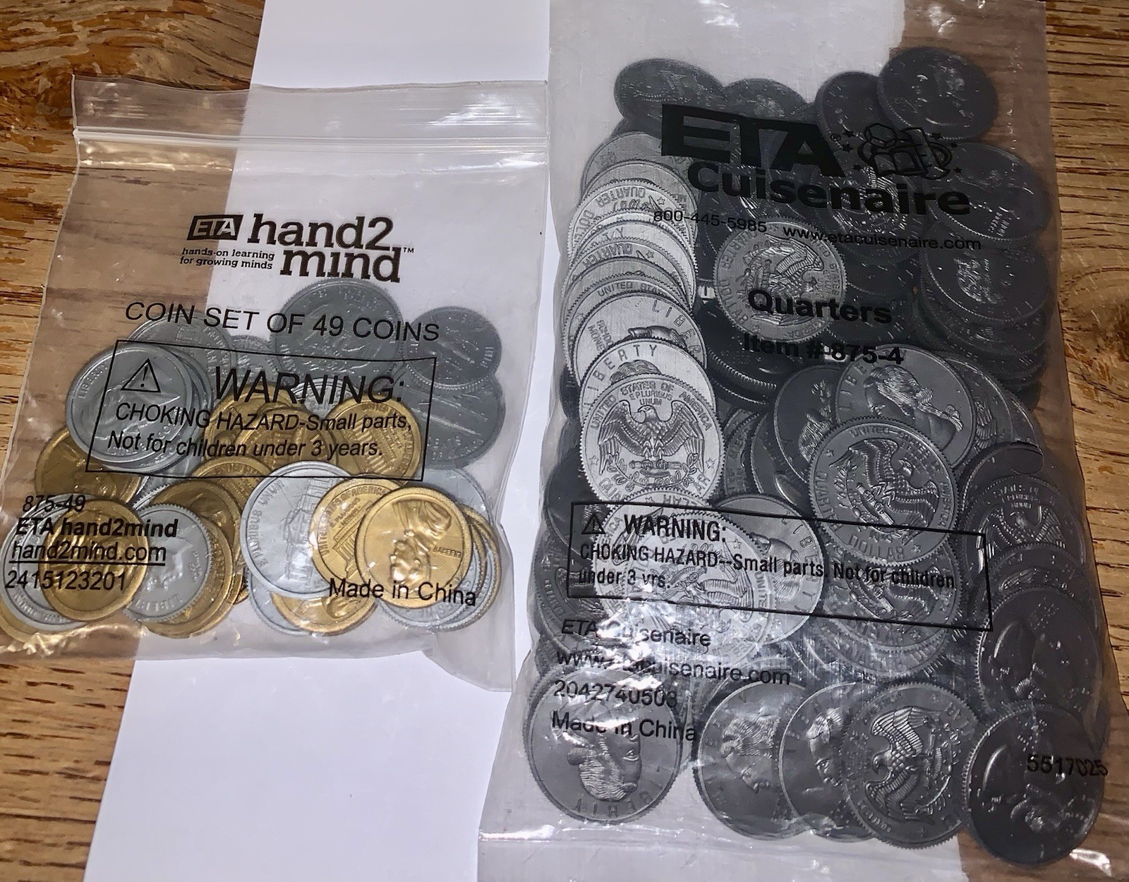 ETA Hand2mind Plastic Coin Sets: Bag of 49 Diff Coins & Bag of 100 Quarters ~NEW