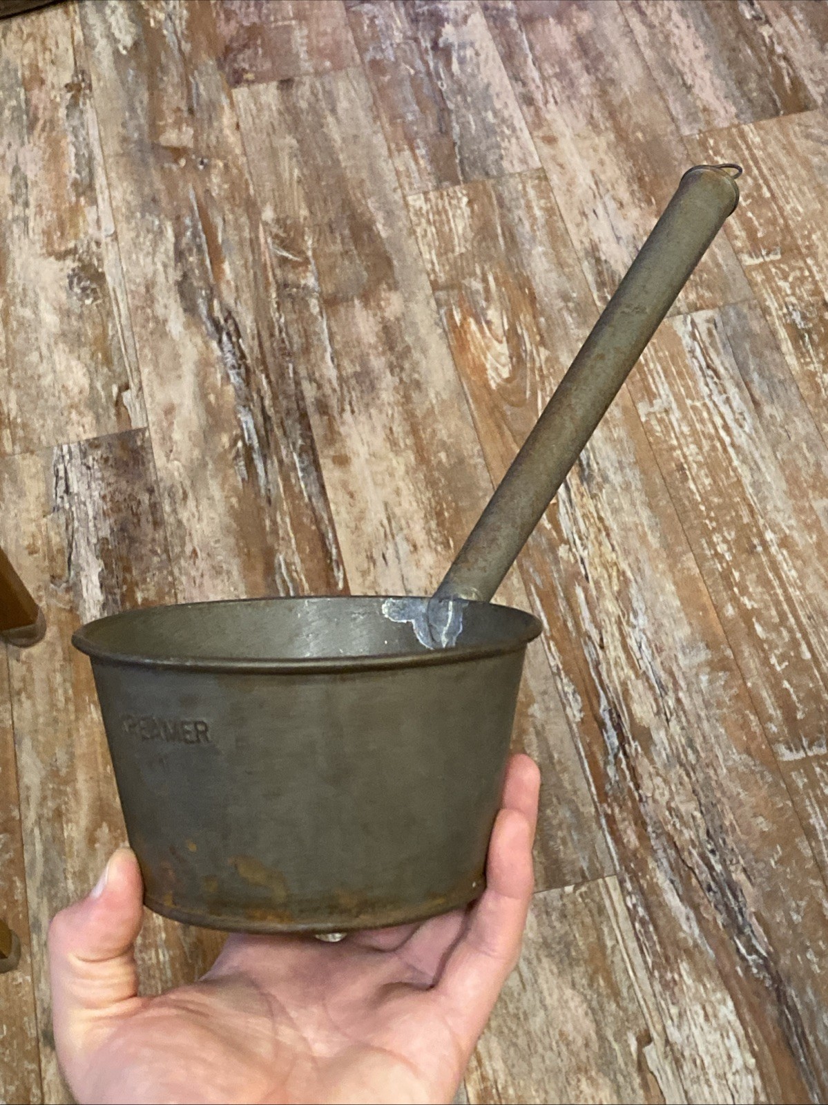 VTG KREAMER 16” PRIMITIVE TIN WATER LADLE SCOOP WATER DIPPER ANTIQUE HOLLOW 1 QT