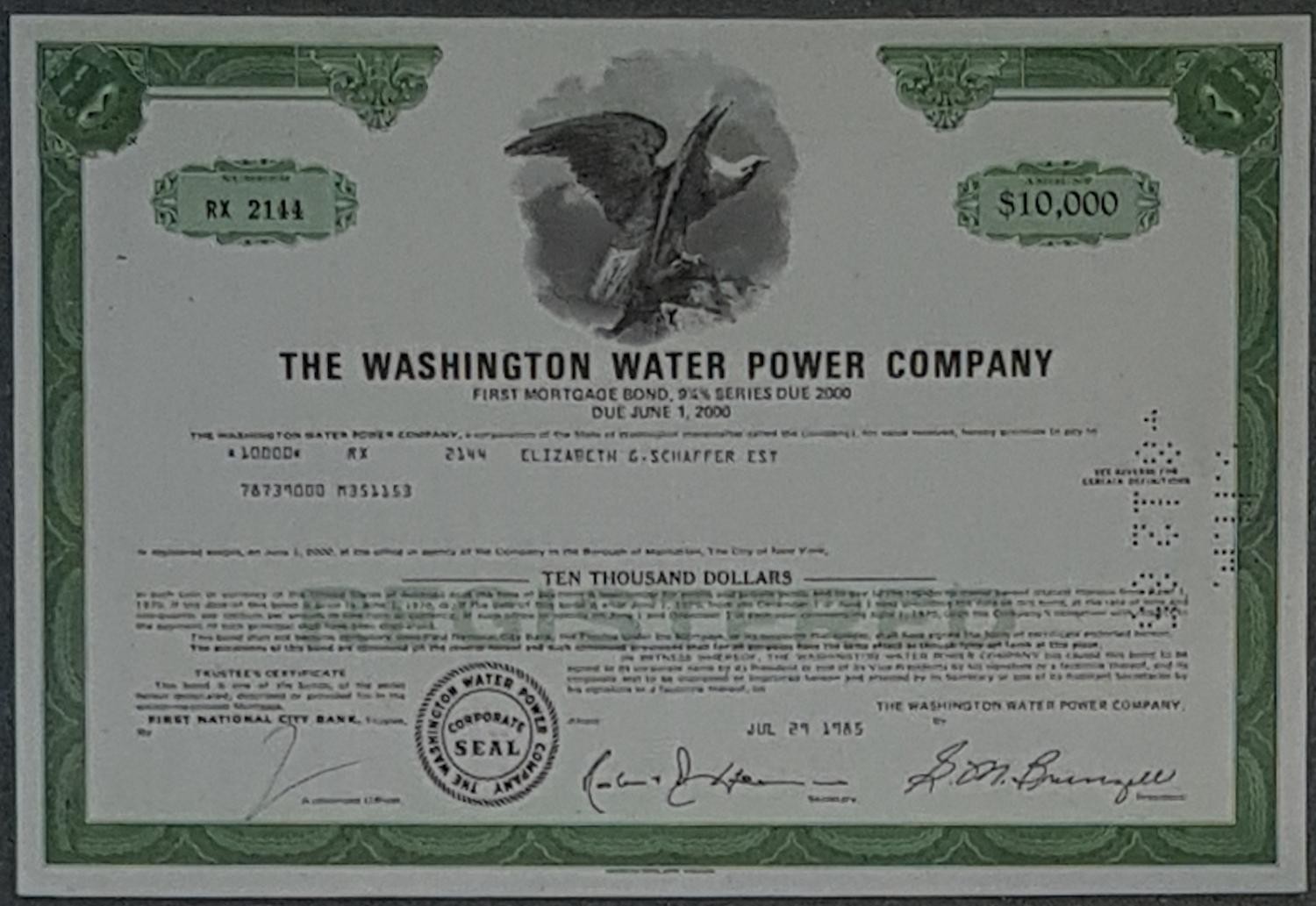 50 X The Washington Water Power Company Bond 9 1/4% Due 2000 Various Denominations