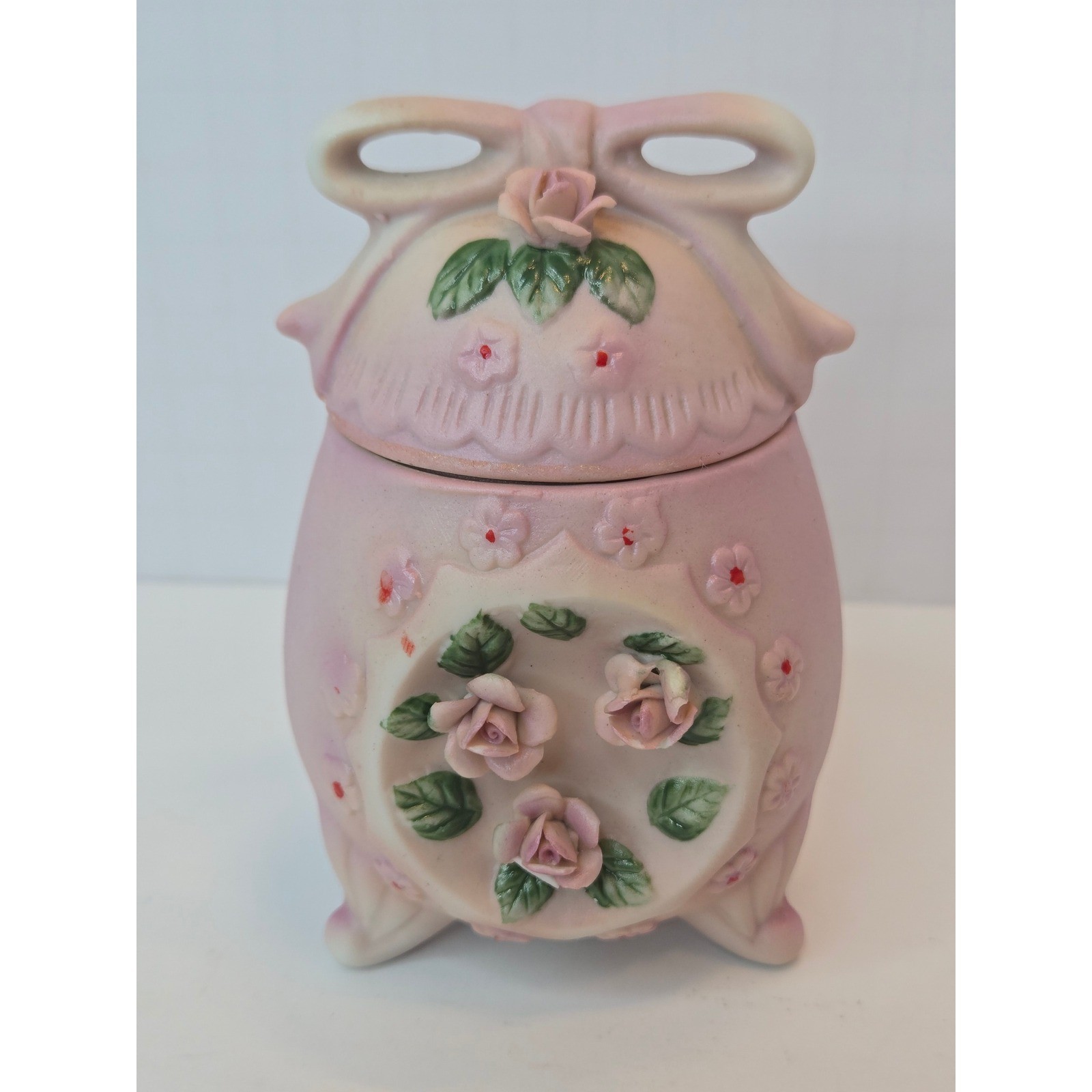 Vintage Pink Ceramic Egg Trinket Jar with Bow and 3D Roses Made in Taiwan 4"