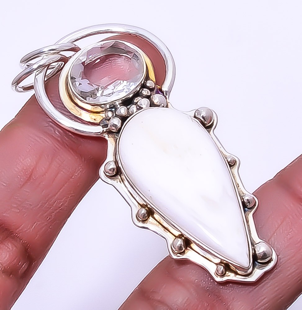 White Scolecite & White Topaz Gemstone 925 Sterling Silver Pendant 2.34" A317