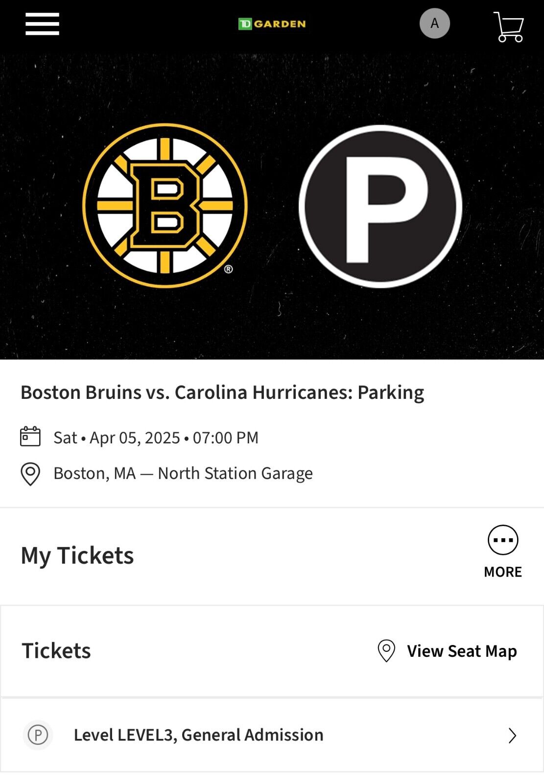 TD Garden Parking Pass Bruins vs Hurricanes Game 4/5/24