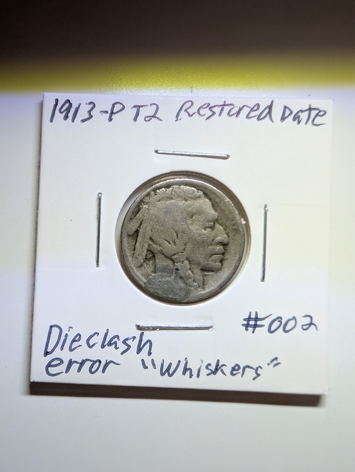 1913 P 5C Type 2 Buffalo Nickel with die clash under chin. Acid dated. #002