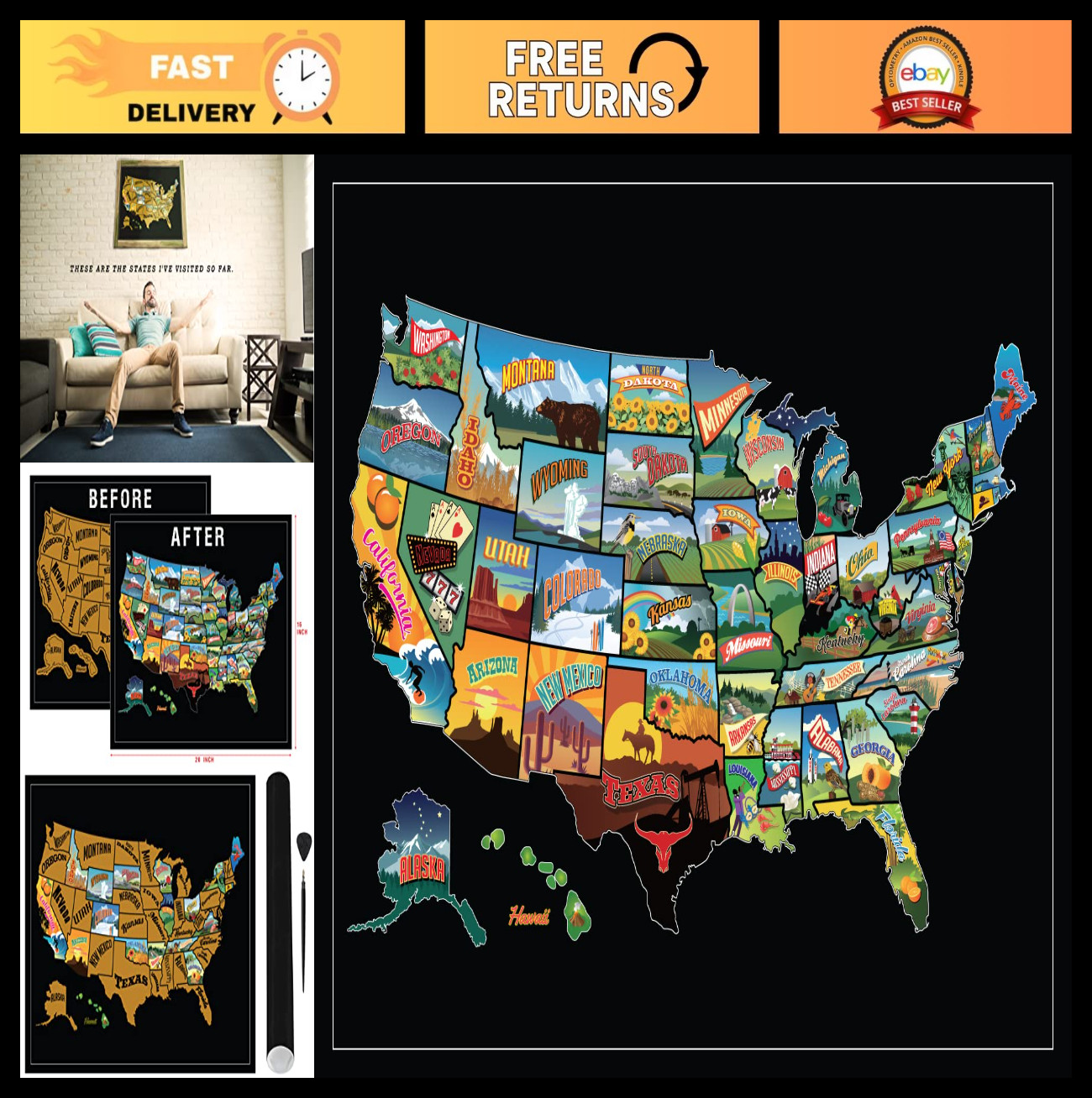 USA Scratch Off Map - Travel Adventure Wall Poster, State Stickers Gift for Kids