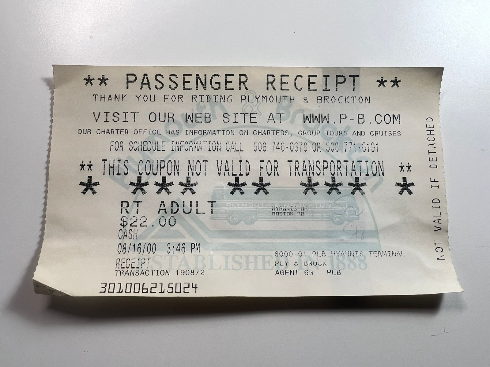 Vintage Plymouth & Brockton Bus Passenger Receipt Boston to Cape Cod 2000