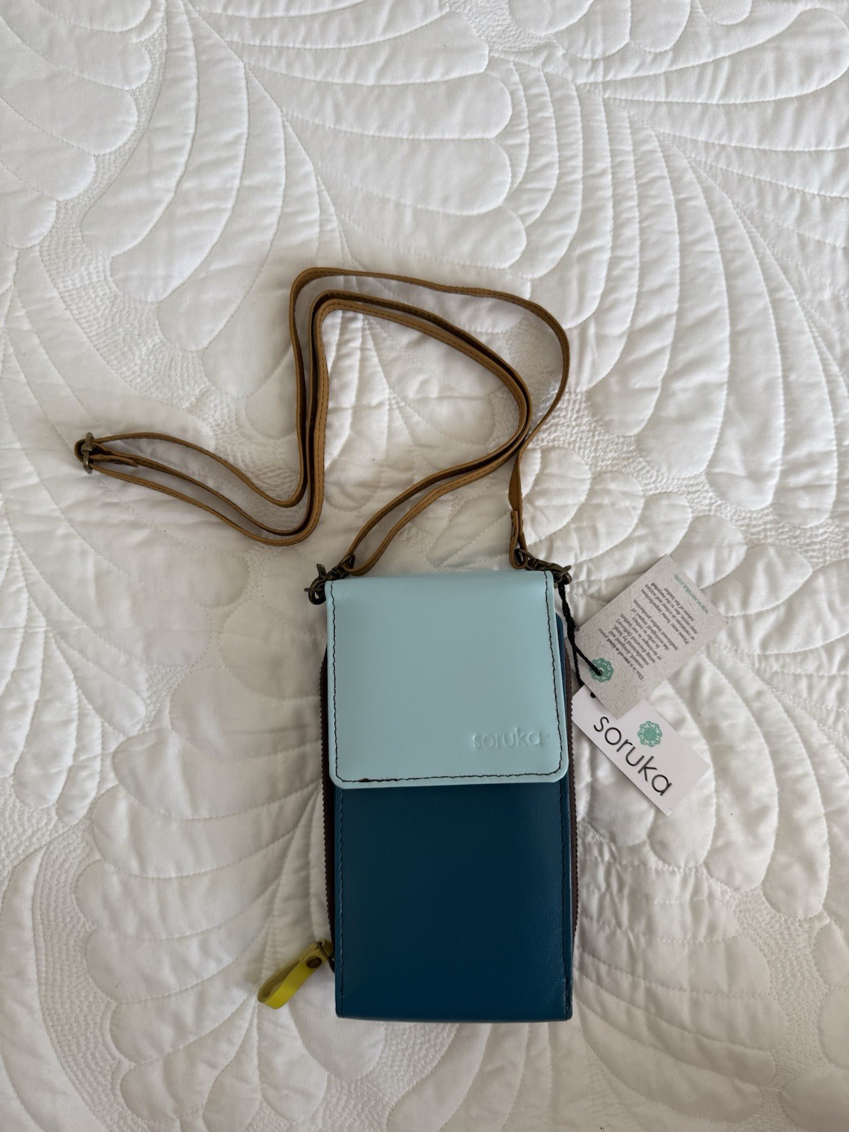 Soruka Blue Colorblock Leather Crossbody Bag Detachable Strap Brass Hardware