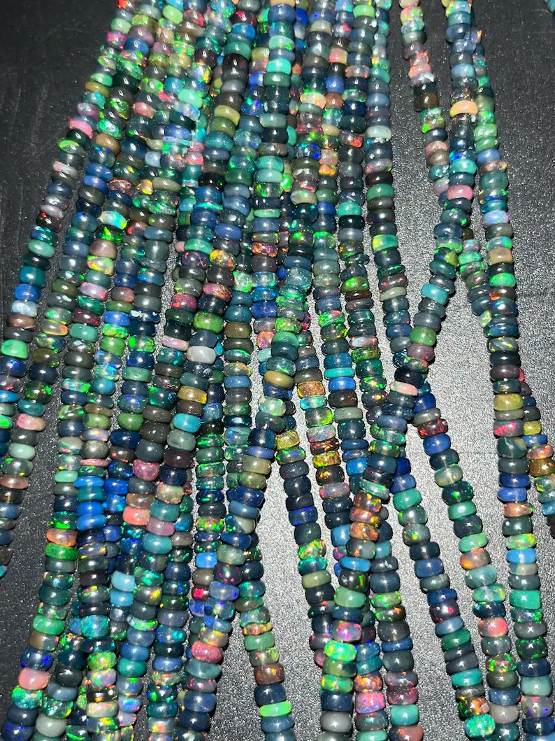 AAA+ Black Ethiopian Opal Smooth Rondelle Beads 3-5mm 16" Strand Jewelry Making